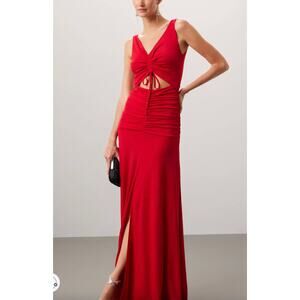 Zac Posen Red Cutout Waist Maxi Dress Size 10 Jersey Ruched Gown Designer $550